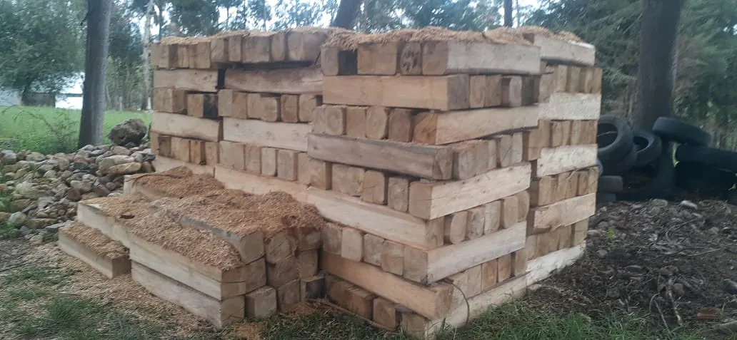Vigas y tablones de madera aserrada apilados en el patio
