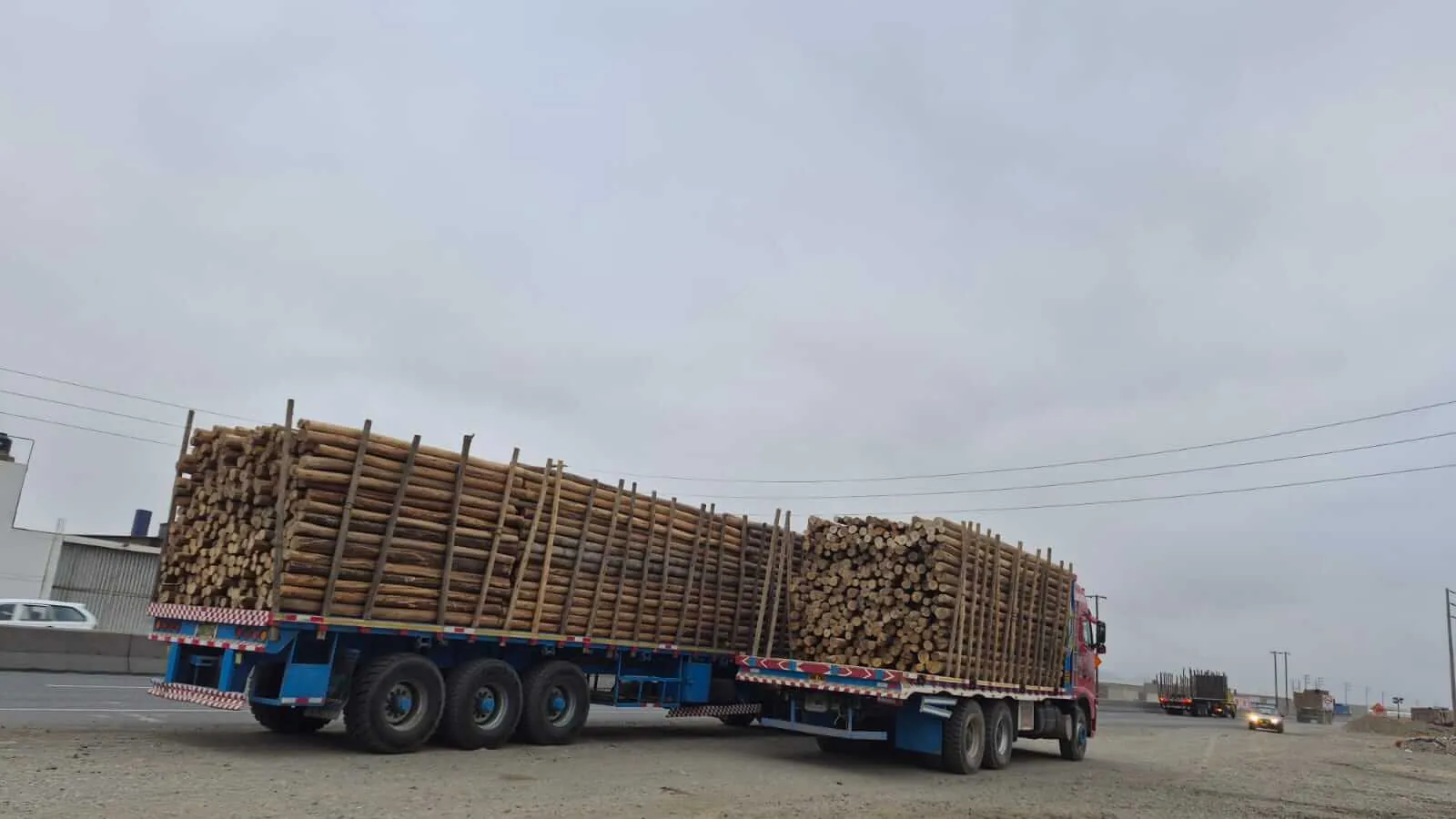 Camión cargado con madera de eucalipto en calle urbana