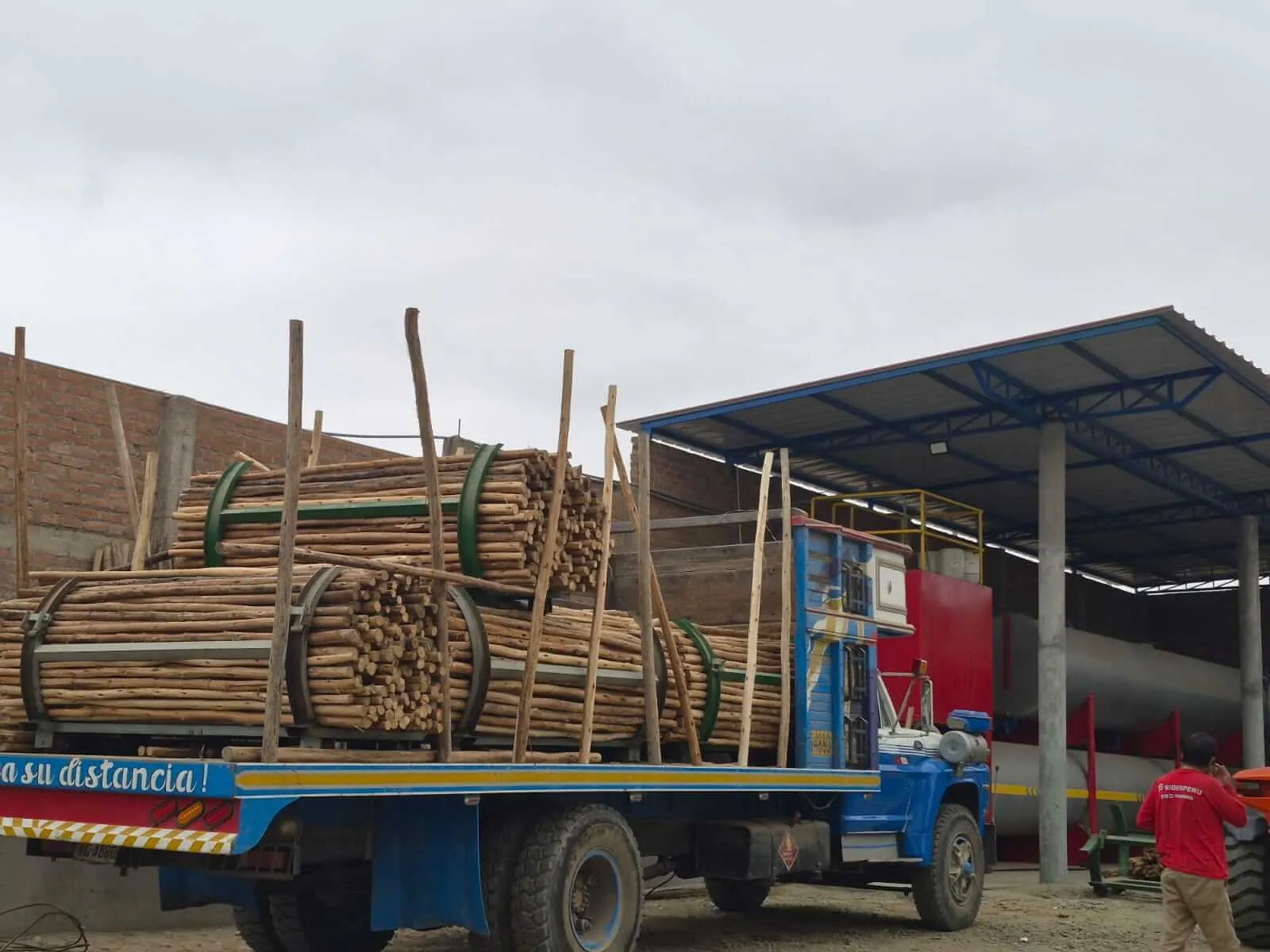 Camión azul con postes de eucalipto dentro del almacén techado